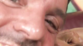 Oiled doxy fisted up her booty and cunt