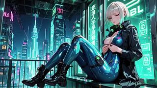 AI-generated- Cyber Agent's Private Night! The golden-haired siren in her neon tactical dress lounges seductively inside the high-tech command center.