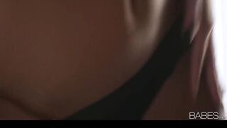 Stunning brunette in black silk panties strips down & masturbates