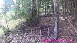 Older guy watches hotty masturbate in the forest