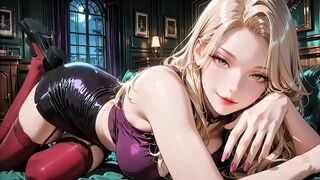 Golden-haired Bombshell in Purple Lingerie Shiny Black Skirt Red Stockings High Heels