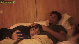 My stepsister is resting on my lap and I couldn't help getting an erection; her reaction says it all!