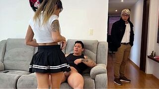 TABOO! Hawt Latina in a miniskirt lets her stepbrother and stepfather bang her one after the other!