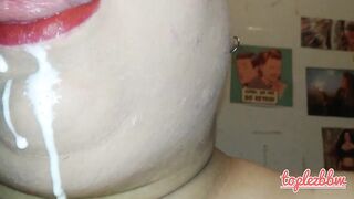 BBW swallow your cum and let it leak on her chubby breasts
