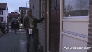 Golden-haired sweetheart sucks her bf's big cock in the washroom