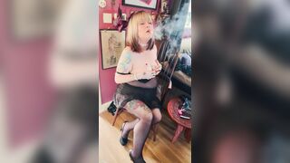 Hawt Wife Tina Snua Smokes A cigarette Topless In Nylon - Smoker Smokin' Golden-haired Pantyhose