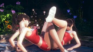 Cute Asian Cheerleaders Tribbing With Clothed