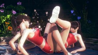 Cute Asian Cheerleaders Tribbing With Clothed