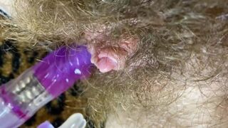 Bunny dildo test masturbation POV closeup erected big love button moist orgasm shaggy pussy