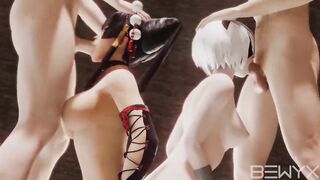 Nyotengu and Yorha 2B Deepthroath Fellatio