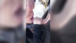 Caught giving oral pleasure-job on nature with cum on boobs