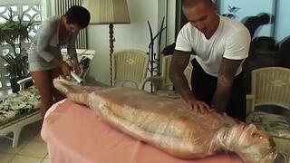 Plastic Wrapped Golden-haired Whore Encased and Teased Relentlessly