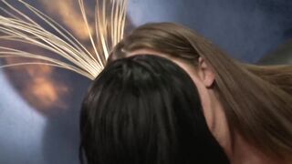 Brunette floozy sitting on her friend's face and let her to lick it