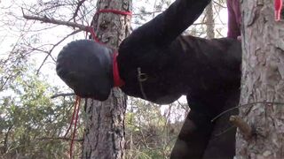 Tied up to a tree outdoor on hot clothes, wearing pantyhose and high ankle boots heels, rough fuck