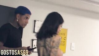 A get-together between friends ends in hawt sex between a tattooed man and a hot, lustful black woman.