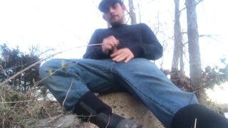 OUTDOORS: Big Dong Country Boy Fishing and Blowing a Big Load One The River Bank