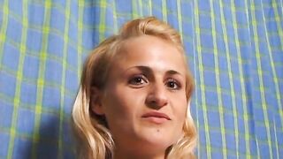 Golden-haired teen at casting showing her small breasts