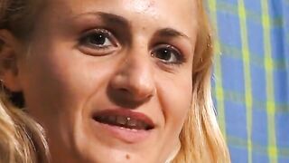 Golden-haired teen at casting showing her small breasts
