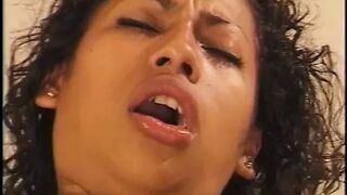 Ebony whore gets her shaggy pussy licked and pounded in daybed
