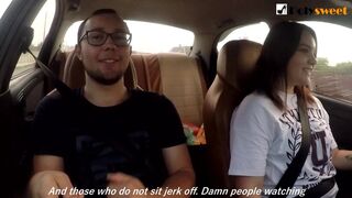 Girl jerks off a stud and masturbates herself while driving