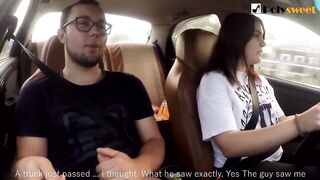 Girl jerks off a stud and masturbates herself while driving