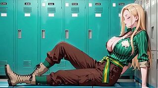Ai - Blonde Maid behind the bar, flushed in a tight green striped uniform!
