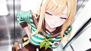 Ai - Blonde Maid behind the bar, flushed in a tight green striped uniform!