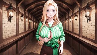 Ai - Blonde Maid behind the bar, flushed in a tight green striped uniform!