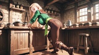 Ai - Blonde Maid behind the bar, flushed in a tight green striped uniform!