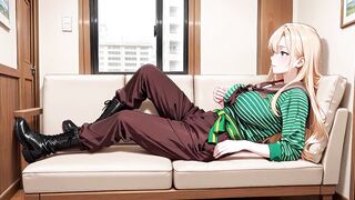 Ai - Blonde Maid behind the bar, flushed in a tight green striped uniform!