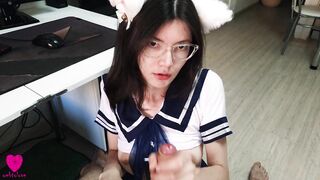 Cute chan with cat ears in a sexy dress was mad to satisfy her hunger with her senpai's sperm 4K