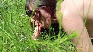 DATEZONE - Amateur brunette masturbates with toys in a forest clearing