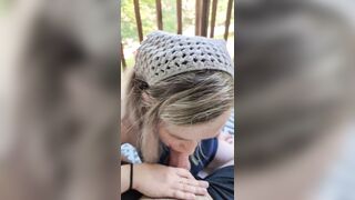 Golden-haired chick gives head on the patio