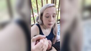 Golden-haired chick gives head on the patio