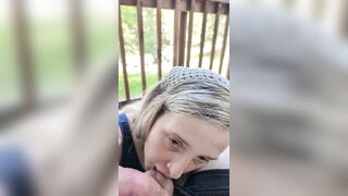 Golden-haired chick gives head on the patio