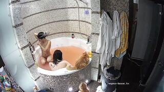 Nina and Kira in bathroom ,washing, shaving