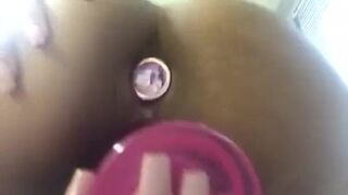 Sex-toy Banging My Taut CREAMY Ebony Snatch in My Dorm Room Whilst Wearing a Buttplug
