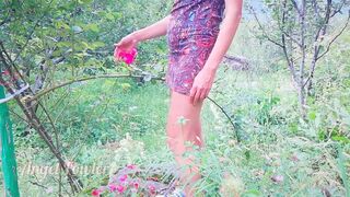 Naughty girl Pissing on groving rose flowers in the garden - Girl Fowler