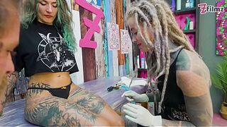 Tattoo Apprentice distracted from work by Customer SUCKING SCHLONG during the time that getting tattooed