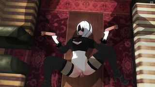 3D HENTAI 2B screws three boyz at once