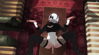 3D HENTAI 2B screws three boyz at once