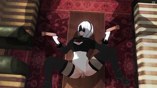 3D HENTAI 2B screws three boyz at once