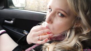 Lustful Teen Gal Masturbates Twat And Moans Loudly In Public In Car.