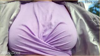 Amateur MILF exposes her braless perfect melons outdoors