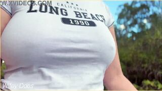Amateur MILF exposes her braless perfect melons outdoors