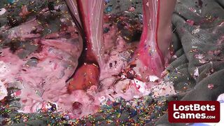 Four lesbians playing undress facial with bawdy food play