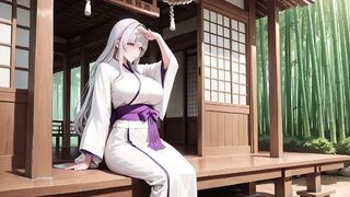 Silver-haired Miko Shrine Secrets! Half-unbuttoned White Kimono, Kneeling Poses and Intense Eye Contact.