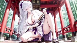 Silver-haired Miko Shrine Secrets! Half-unbuttoned White Kimono, Kneeling Poses and Intense Eye Contact.