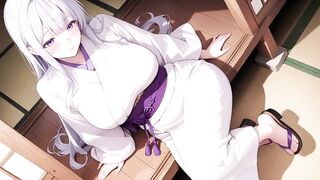 Silver-haired Miko Shrine Secrets! Half-unbuttoned White Kimono, Kneeling Poses and Intense Eye Contact.