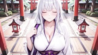 Silver-haired Miko Shrine Secrets! Half-unbuttoned White Kimono, Kneeling Poses and Intense Eye Contact.